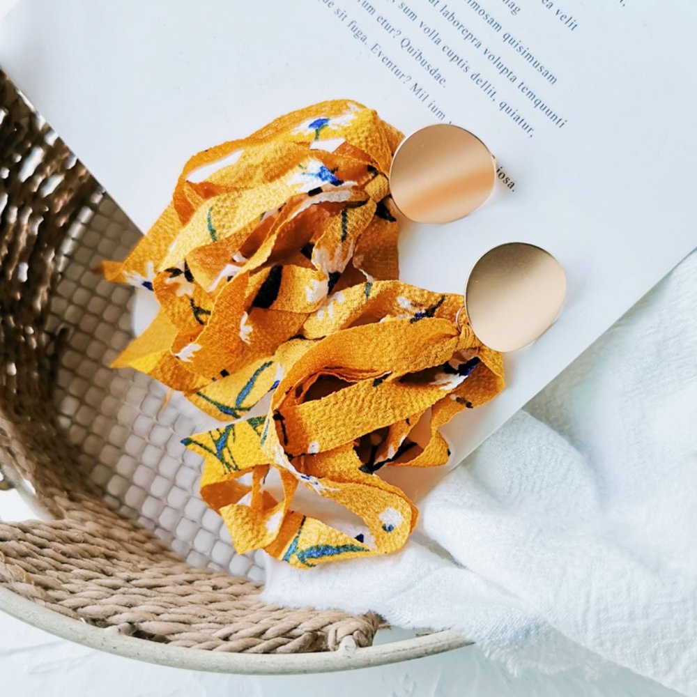 Floral Fabric Ribbon Earrings Metal Stud - Picture 10 of 12